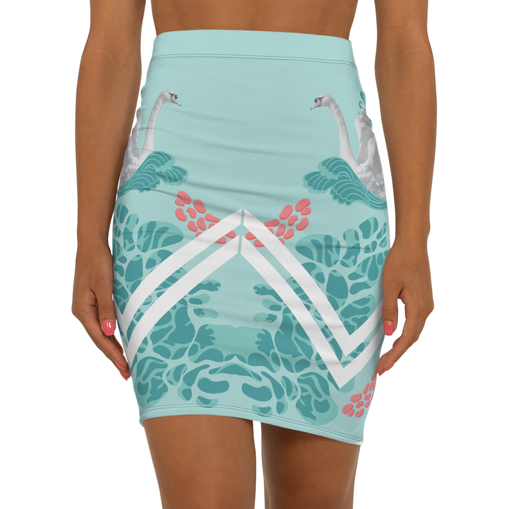 Elegant Swan Print Mid-Waist Pencil Skirt - Chic & Stylish Women's Fashion